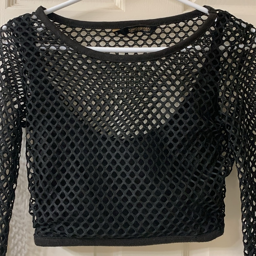🌷3 for$25🌷Kardashian Kollection, US XS, Black Long Sleeve Fishnet Crop Top - Picture 3 of 8